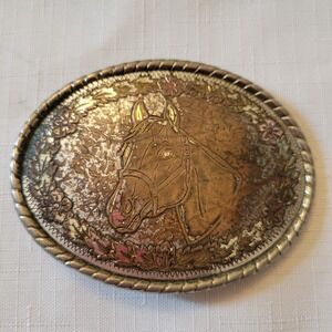 W Belt Buckle Horse Head Floral Rope Edge Vintage USA Made Western Cowboy Rodeo